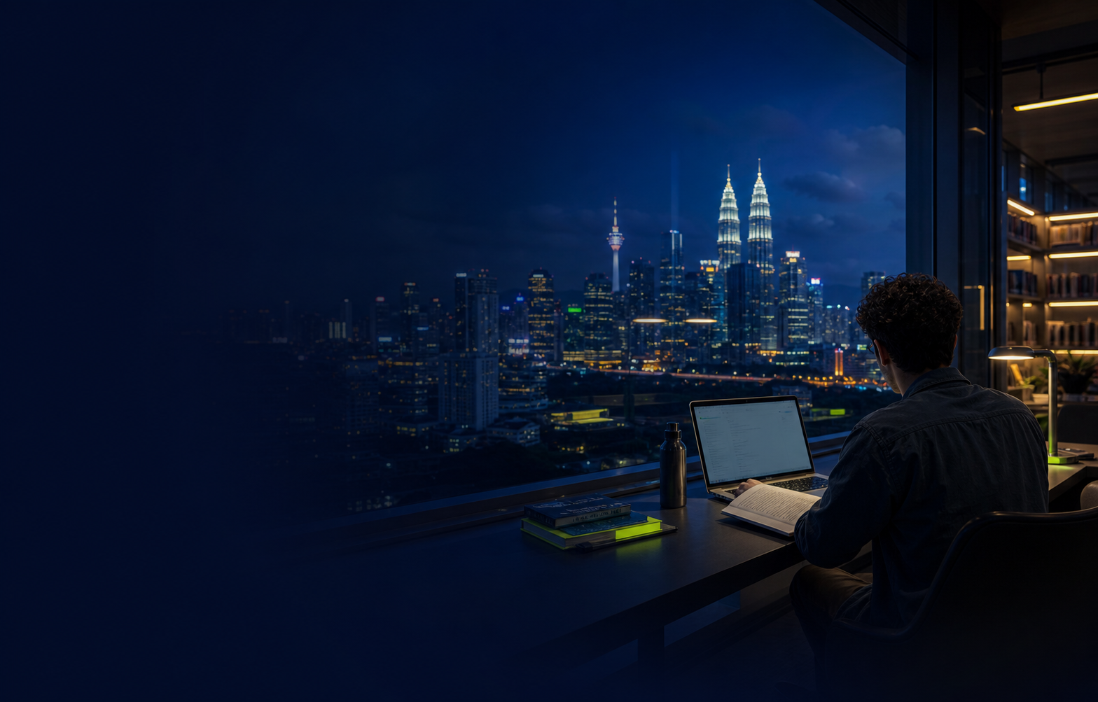 International student studying with the Kuala Lumpur skyline beyond